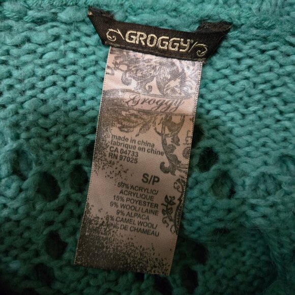 Y2K Groggy Off Shoulder Sweater Size S Green Long Sleeve Fairy Boho Wool Blend - Picture 9 of 9